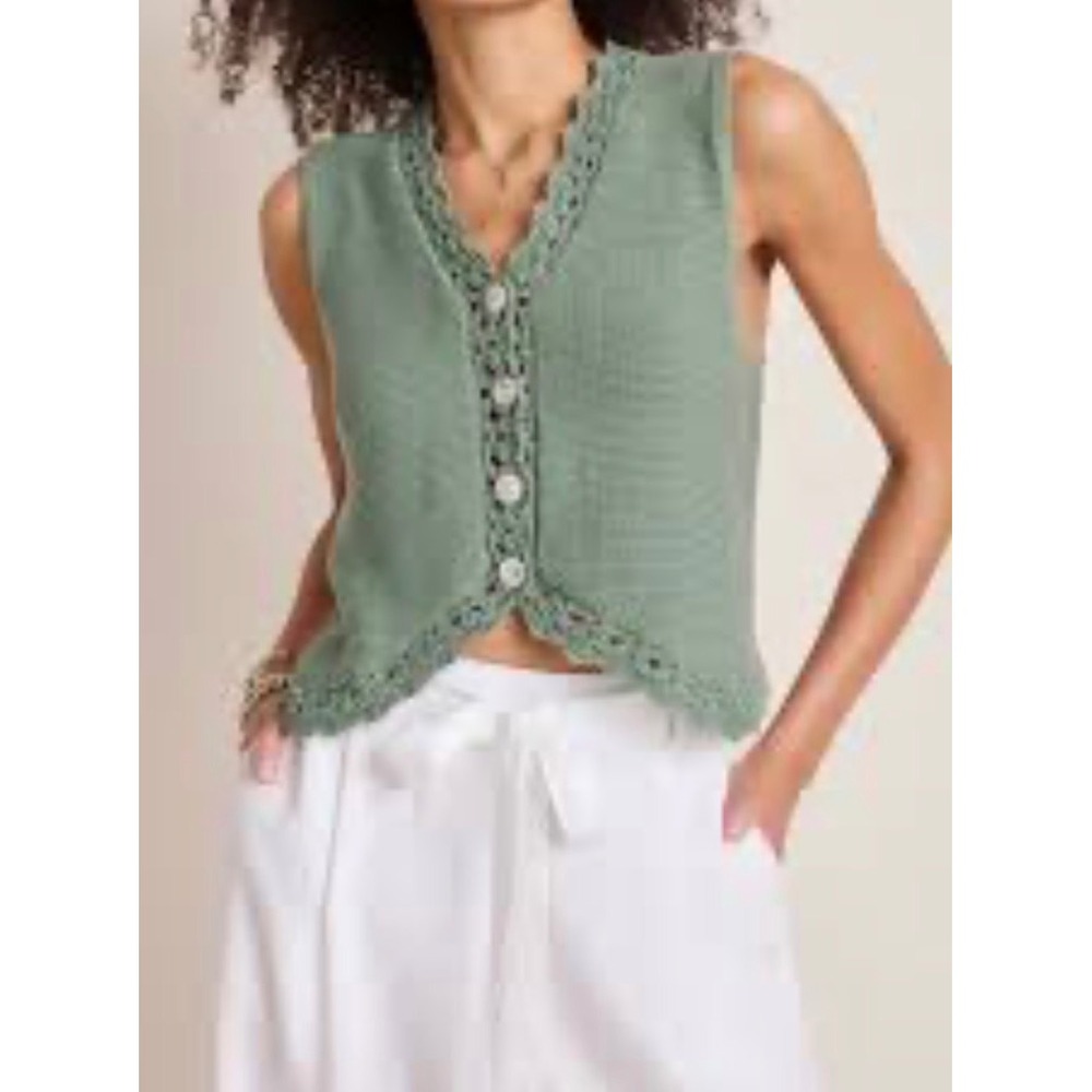 Francesca's Evelyn Crochet Trim Sweater Vest Sage Green V-Neck Button Front XS